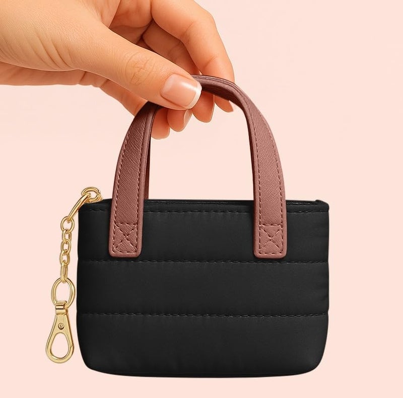 MyfavoriteK Mini Puffer Tote Bag Keychain Puffy Purse Keyring with Gold Heart Charm Cute Bag Charm Gift for Women Girls Teens Key Ring (Black) - Image 3