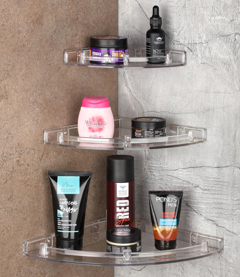 iSTAR Plastic Wall Mounted Corner Shelf for Bathroom Multipurpose Bathroom Accessories Organizer Shelves (6 inch, 8 Inch, 10 Inch, Pack of 3, Transparent) - Image 1