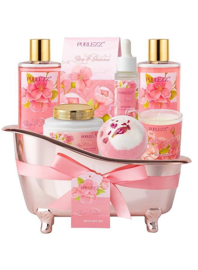 Rose & Jasmine Floral Luxury Bath & Body Gifts - Spa Basket with Body Lotion, Soy Candle - Home Bath Gift Set for Women - Image 1