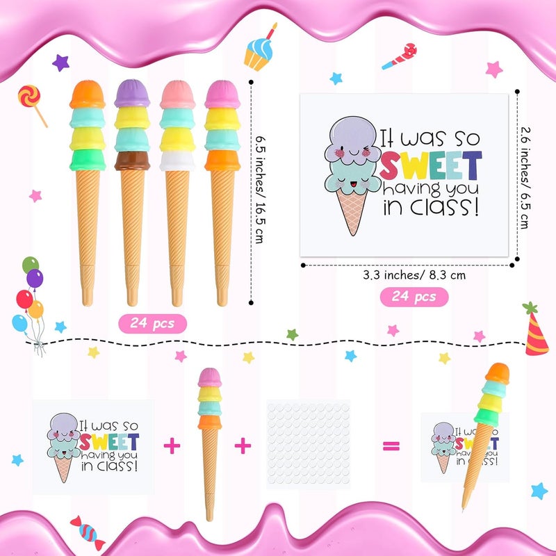 Geyoga Geyoga 24 Sets End of Year Gift Includes 24 Ice Cream Cone Pens Black Ink 24 Gift Cards and Double Sided Adhesive Dots for End of Term Summer Birthday Ice Cream Party Favors - Image 2