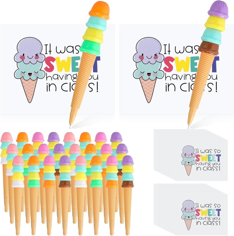 Geyoga Geyoga 24 Sets End of Year Gift Includes 24 Ice Cream Cone Pens Black Ink 24 Gift Cards and Double Sided Adhesive Dots for End of Term Summer Birthday Ice Cream Party Favors - Image 1