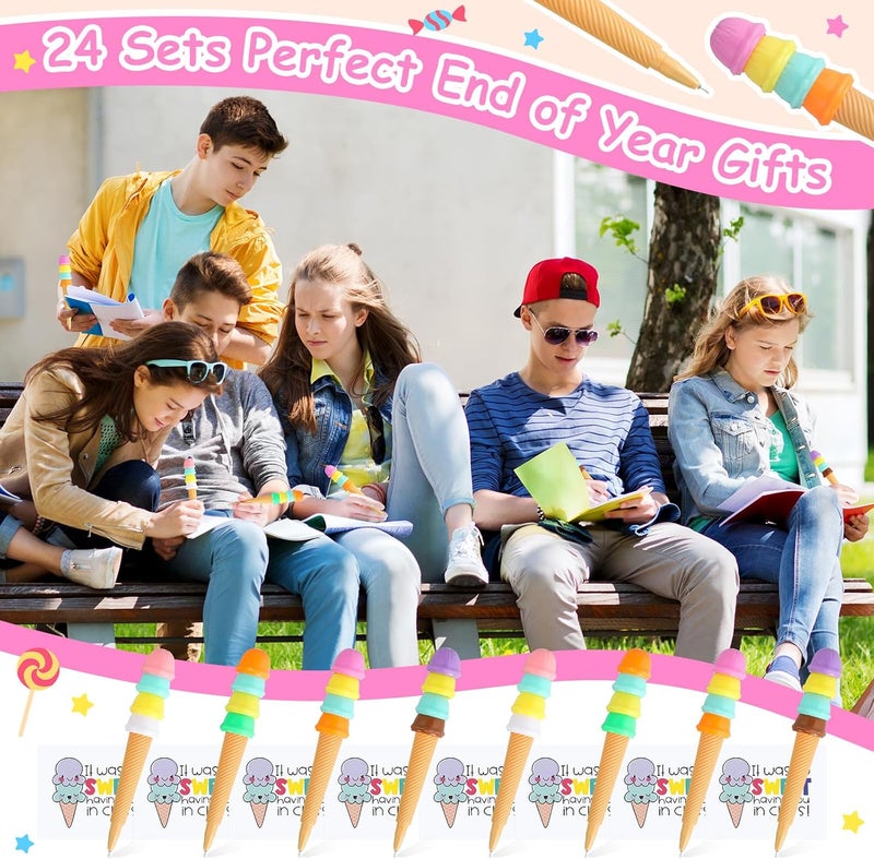 Geyoga Geyoga 24 Sets End of Year Gift Includes 24 Ice Cream Cone Pens Black Ink 24 Gift Cards and Double Sided Adhesive Dots for End of Term Summer Birthday Ice Cream Party Favors - Image 5