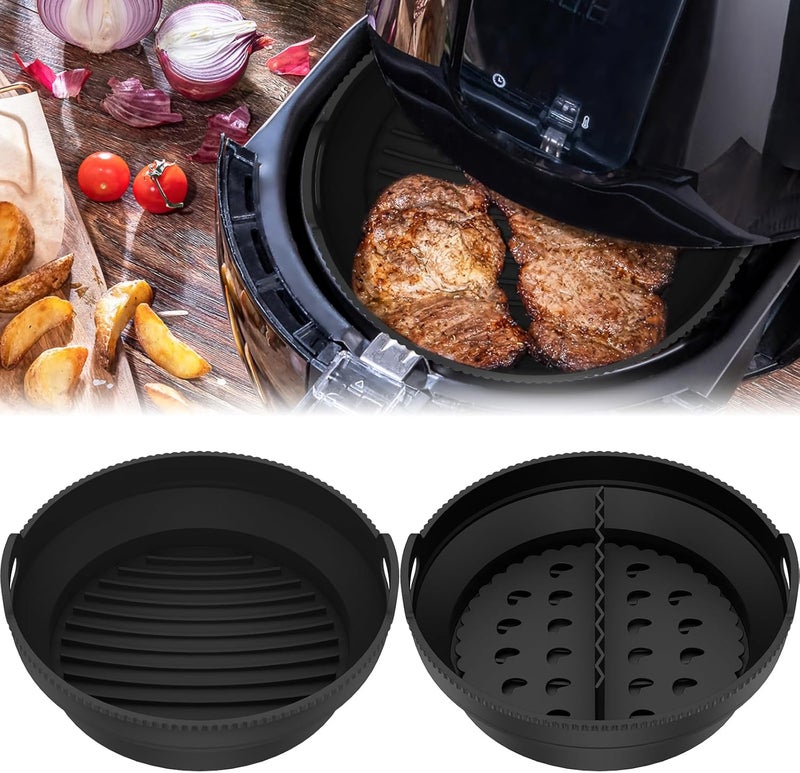 windforgecraft Silicone Air Fryer Liners Reusable Air Fryer Silicone Baking Tray Pots Liners Foldable Tower Basket Round Silicone Air Fryer Liners Food Grade Safe Air Fryers Accessories (Black) - Image 1