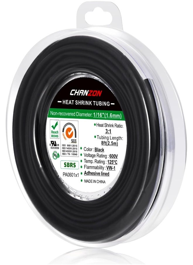 CHANZON Chanzon 3:1 Ratio 1/16" (1.6mm) Heat Shrink Tubing - Marine Grade Waterproof Adhesive Lined - 8Ft Roll (2.5M Total Length) Black Polyolefin Sleeving Wrap Shrinking 3 to 1 Ratio 1pcs  - Image 1