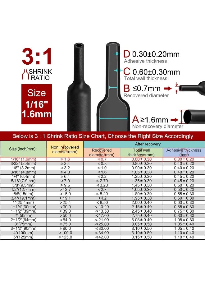 CHANZON Chanzon 3:1 Ratio 1/16" (1.6mm) Heat Shrink Tubing - Marine Grade Waterproof Adhesive Lined - 8Ft Roll (2.5M Total Length) Black Polyolefin Sleeving Wrap Shrinking 3 to 1 Ratio 1pcs  - Image 3