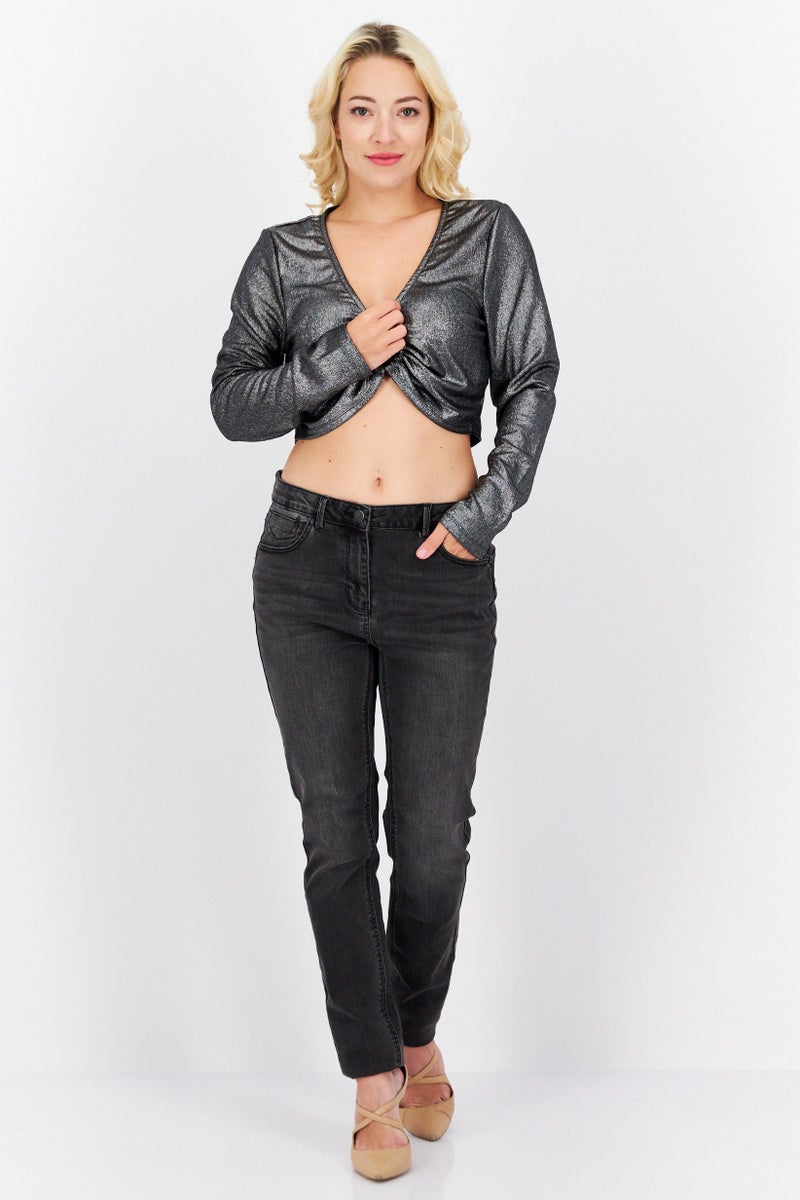 Rebellious Women Keyhole Neck Long Sleeve Metallic Crop Top, Black - Image 3
