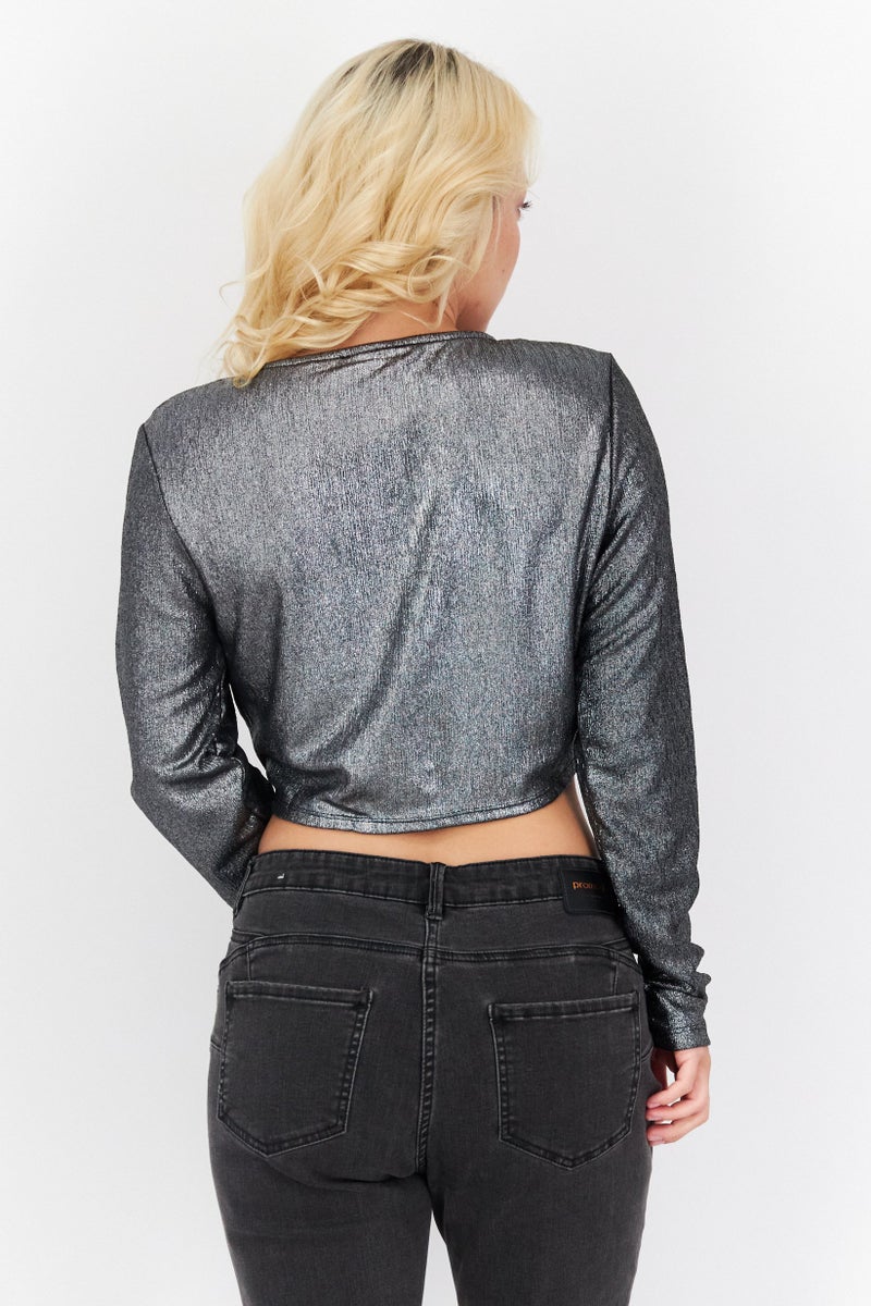Rebellious Women Keyhole Neck Long Sleeve Metallic Crop Top, Black - Image 2