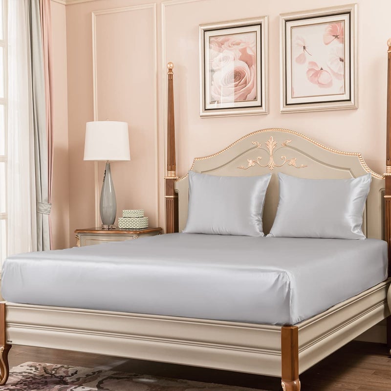 PROMEED Grade 6A Silk Queen Bed Sheets Set with Deep Pocket Fitted Sheet and Pillowcase Both 22 Momme Mulberry Silk 3 Piece Silk Bedding Set Light Grey Queen