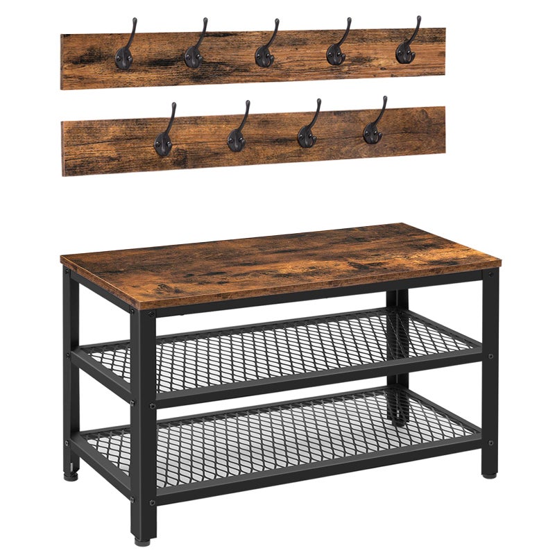 HOOBRO Hall Tree Entryway Storage Bench, Coat Rack Shoe Bench, Shoe Rack Organizer with Coat Hooks, 3-in-1 Design, Wooden Furniture with Metal Frame, Rustic Brown and Black BF17MT01 - Image 1