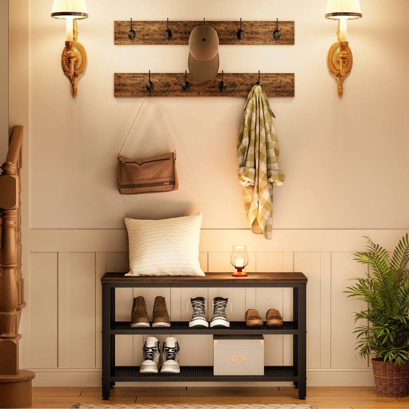 HOOBRO Hall Tree Entryway Storage Bench, Coat Rack Shoe Bench, Shoe Rack Organizer with Coat Hooks, 3-in-1 Design, Wooden Furniture with Metal Frame, Rustic Brown and Black BF17MT01 - Image 3
