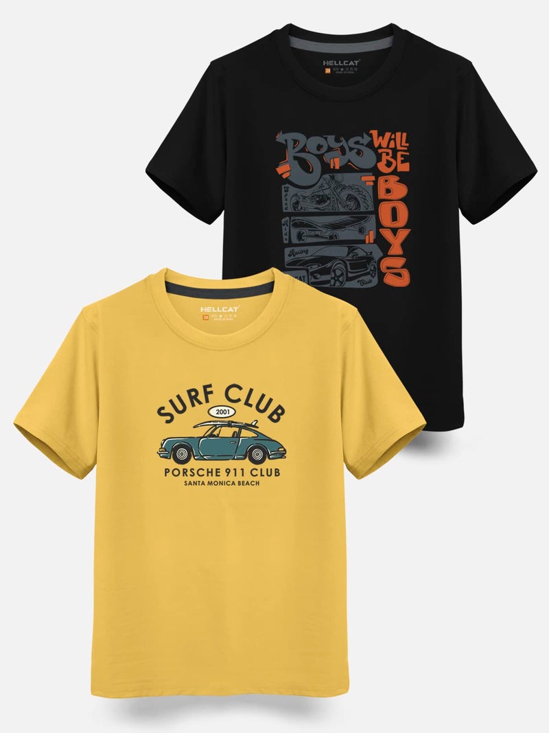 HELLCAT Trendy Typographic Printed Cotton Blend Half Sleeve Regular Fit T-Shirt For Boys - Pack Of 2 / Mustard & Black / 13-14 Years - Image 2