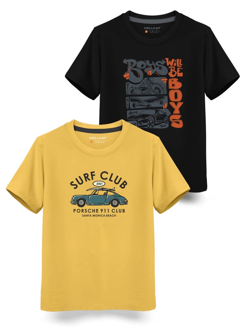 HELLCAT Trendy Typographic Printed Cotton Blend Half Sleeve Regular Fit T-Shirt For Boys - Pack Of 2 / Mustard & Black / 13-14 Years - Image 1