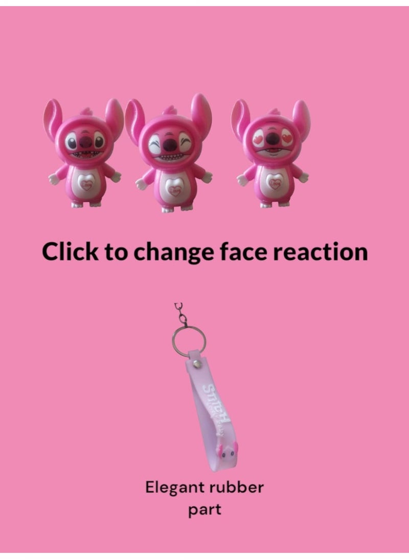 Pink Reaction Face Toy with Stitch Keychain | Emotion-Changing Character Toy with Rubber Handle – Surprise, Play & Style in One Cute Set! - Image 3