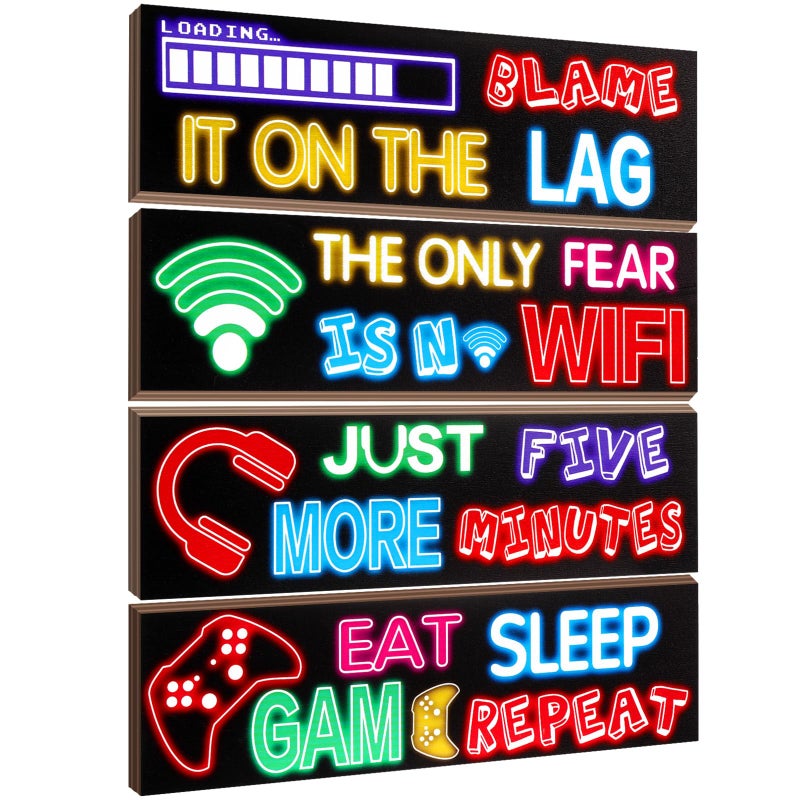 ديكور حائط للألعاب نيون من كويكاي 4 قطع ملصقات ألعاب فيديو لطيفة لغرفة الأولاد 8 × 3 بوصة ديكور غرفة الألعاب فن حائط للاعبين للأطفال الأولاد المراهقين غرفة اللعب ديكور غرفة النوم