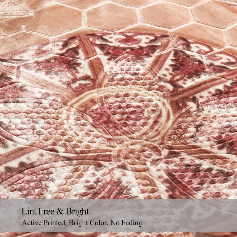 JML 10 Pounds Heavy Plush Soft Blankets for Winter, Korean Style Mink Velvet Fleece Blanket - 2 Ply A&B Printed Raschel Red Blanket, Khaki Floral - Image 5