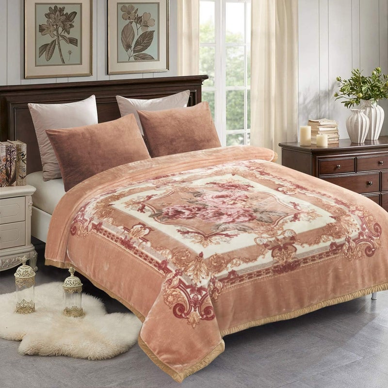 JML 10 Pounds Heavy Plush Soft Blankets for Winter, Korean Style Mink Velvet Fleece Blanket - 2 Ply A&B Printed Raschel Red Blanket, Khaki Floral - Image 2