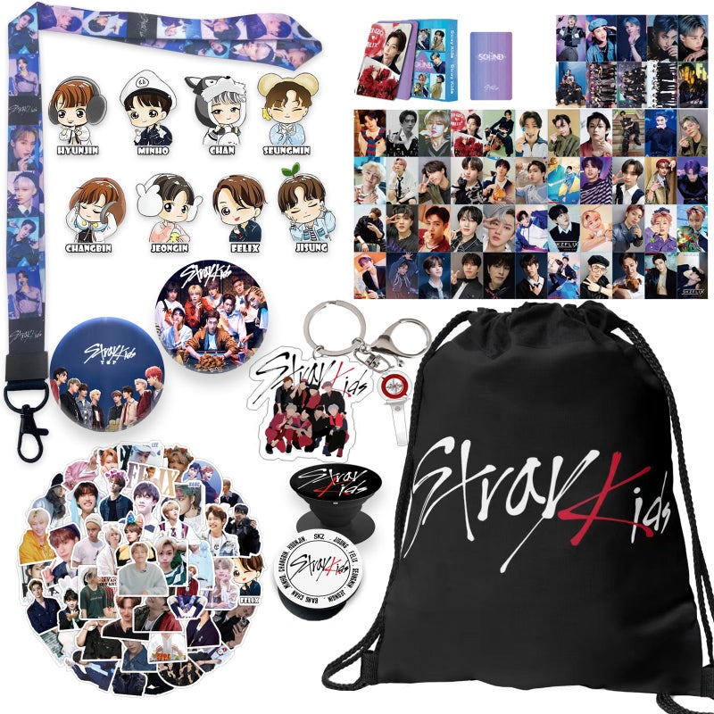 Hymik Straykids Album Merch Set For Fans Straykids Album Set Including Straykids Photocards  Straykids Stickers Skz Pins  Lanyard 2 Pcs Phone Ring Holder Keychain Drawstring Bag For Fans Women - Image 1