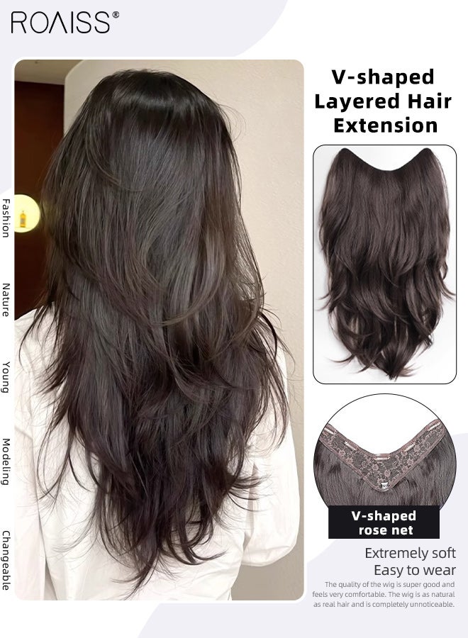 رويس وصلة شعر متدرجة على شكل حرف V، قطعة شعر واحدة، تموجات كبيرة، شعر كثيف وناعم، شعر مجعد طبيعي غير مرئي للاستخدام اليومي والحفلات، بني وأسود، 50 سم/19.69 بوصة - Image 1