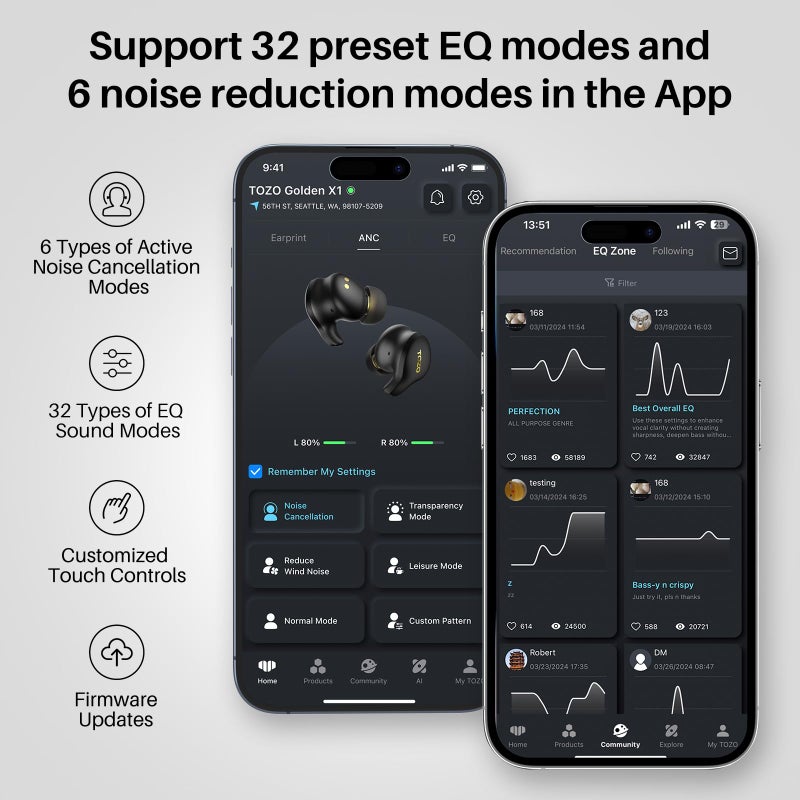 TOZO سماعات أذن لاسلكية TOZO Golden X1 مع سائق توازن و سائق ديناميكي هجين، سماعات بلوتوث OrigX Pro، LDAC وصوت عالي الدقة لاسلكي، سماعة رأس بإلغاء الضوضاء زرقاء - Image 4