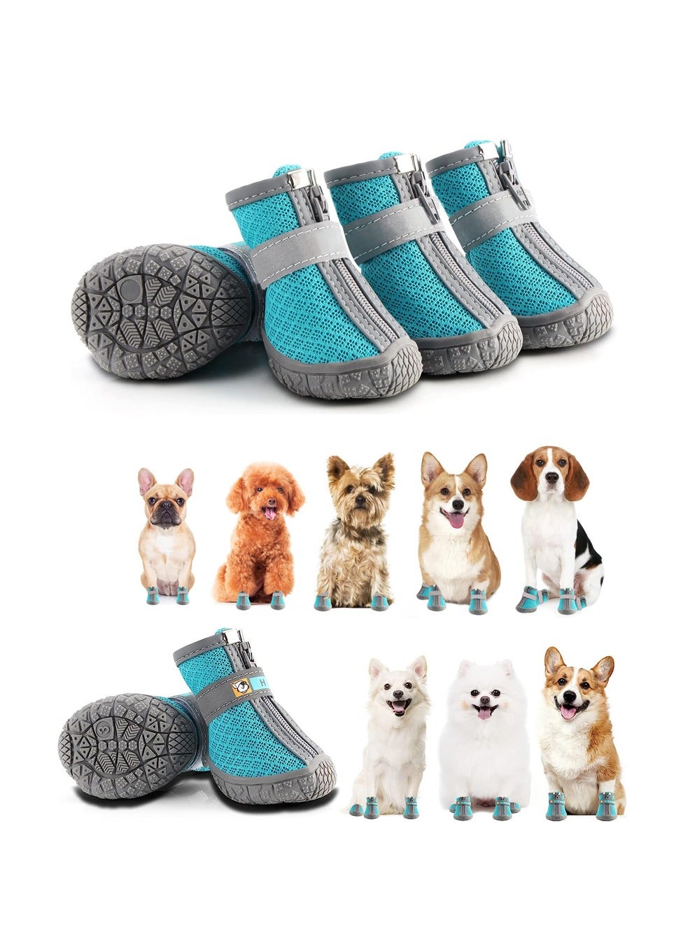 Dog Shoes 4 Pcs Size 5 Anti Slip Breathable Waterproof Dog Booties Boot Paw Protector for Small Dog Dog Hiking Shoes with Reflective Adjustable Strap Zipper Puppy Shoe for Hot Pavement Winter Snow