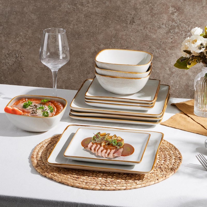 E-far Efar Square Plates and Bowls Sets 12Piece Stoneware Dinnerware Sets for 4 Reactive Glaze Dish Set Chip and Scratch Resistant Microwave and Dishwasher Safe Seashell White - Image 5