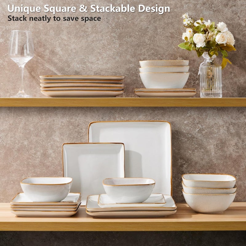 E-far Efar Square Plates and Bowls Sets 12Piece Stoneware Dinnerware Sets for 4 Reactive Glaze Dish Set Chip and Scratch Resistant Microwave and Dishwasher Safe Seashell White - Image 4