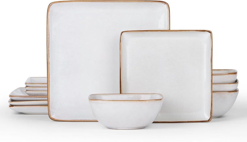 E-far Efar Square Plates and Bowls Sets 12Piece Stoneware Dinnerware Sets for 4 Reactive Glaze Dish Set Chip and Scratch Resistant Microwave and Dishwasher Safe Seashell White - Image 1