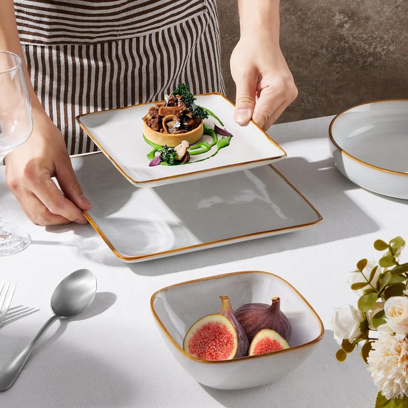 E-far Efar Square Plates and Bowls Sets 12Piece Stoneware Dinnerware Sets for 4 Reactive Glaze Dish Set Chip and Scratch Resistant Microwave and Dishwasher Safe Seashell White - Image 3
