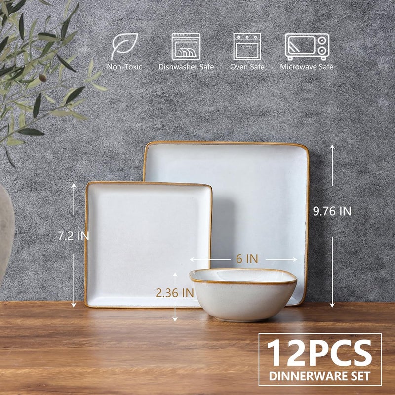 E-far Efar Square Plates and Bowls Sets 12Piece Stoneware Dinnerware Sets for 4 Reactive Glaze Dish Set Chip and Scratch Resistant Microwave and Dishwasher Safe Seashell White - Image 2