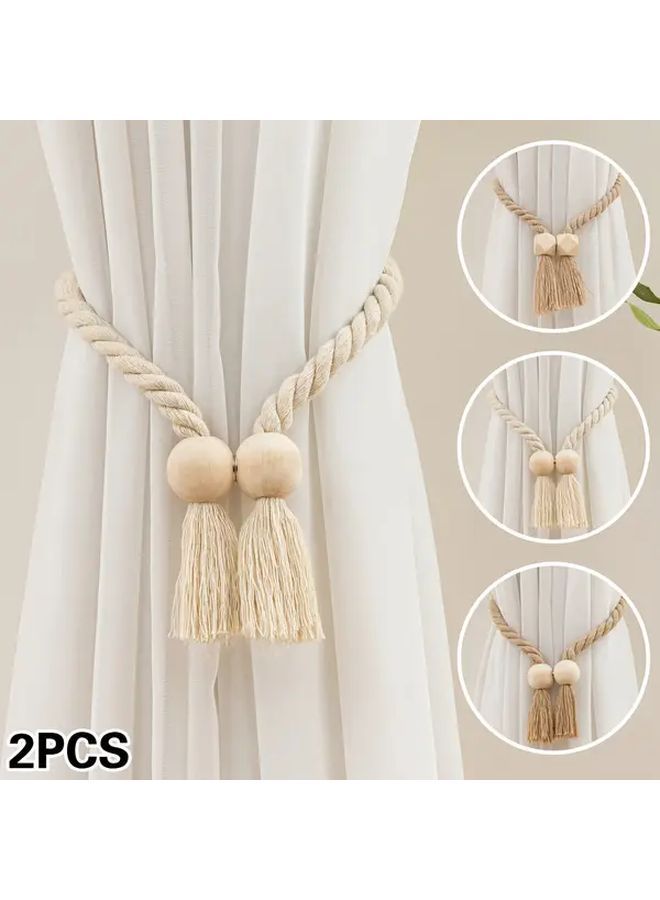 Brown Bohemian Wooden Cord Tassel Curtain Holders 2 Pack - Image 1