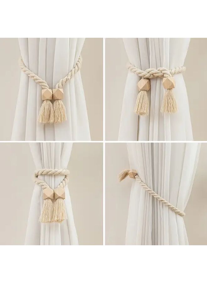 Brown Bohemian Wooden Cord Tassel Curtain Holders 2 Pack - Image 4
