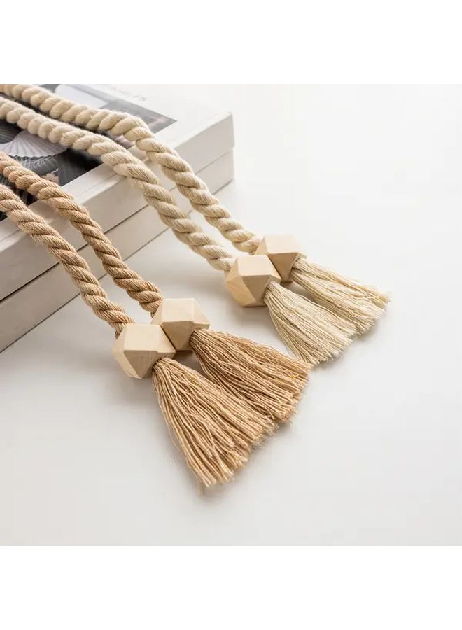Brown Bohemian Wooden Cord Tassel Curtain Holders 2 Pack - Image 2