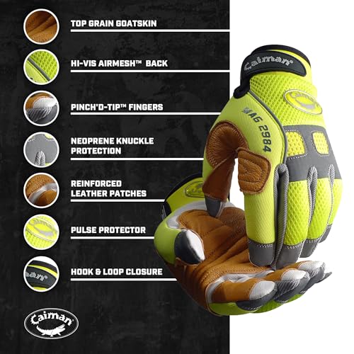 Caiman MAG, Multi-Activity Glove with Goat Grain Leather Patch Palm, Hi-Vis AirMesh Back, Pinch'd-Tip Fingers, Neoprene Knuckle, High-Vis Yellow/Gold, Large (2984-5) - Image 2
