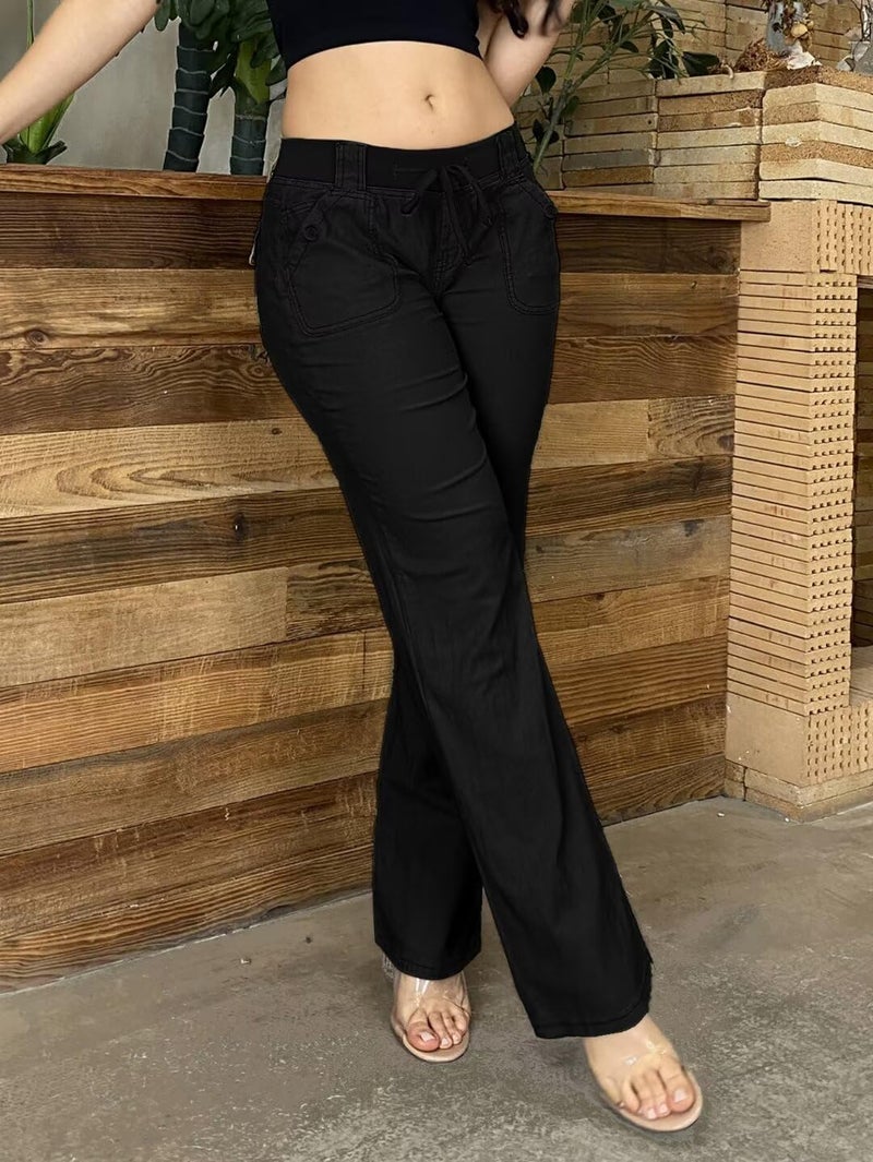 Flamingals Low Rise Cargo Wide Leg Pants for Women Drawstring Flap Pockets Y2K Bow Tie Casual Flare Pants Charcoal M - Image 3