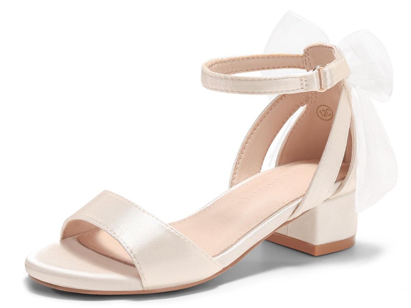 Coutgo Girls Dress Shoes Sandals Chunky Low Heels Bow Ankle Strap Flower Girl Wedding Party Shoes for Little Kids, Beige, Size 3 - Image 1