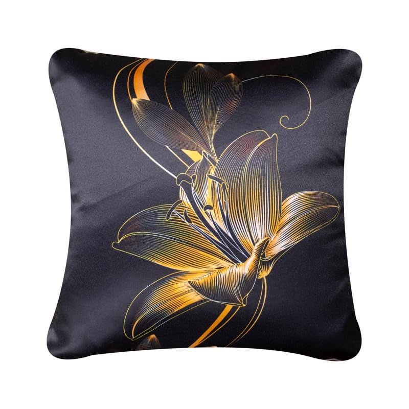 Vendola 3D Decorative Satin Sofa Cushion Covers Set of 5, 16 inch x 16 inch, Sofa Cushion Pillow Cover, Black and Gold Colour, Floral Design, Zipper Closure (Twilight, 16X16 Inches) - Image 5