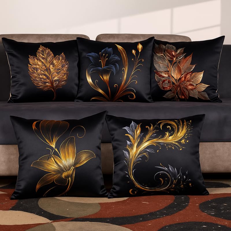 Vendola 3D Decorative Satin Sofa Cushion Covers Set of 5, 16 inch x 16 inch, Sofa Cushion Pillow Cover, Black and Gold Colour, Floral Design, Zipper Closure (Twilight, 16X16 Inches) - Image 1