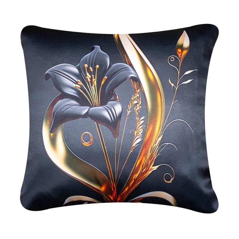 Vendola 3D Decorative Satin Sofa Cushion Covers Set of 5, 16 inch x 16 inch, Sofa Cushion Pillow Cover, Black and Gold Colour, Floral Design, Zipper Closure (Twilight, 16X16 Inches) - Image 3