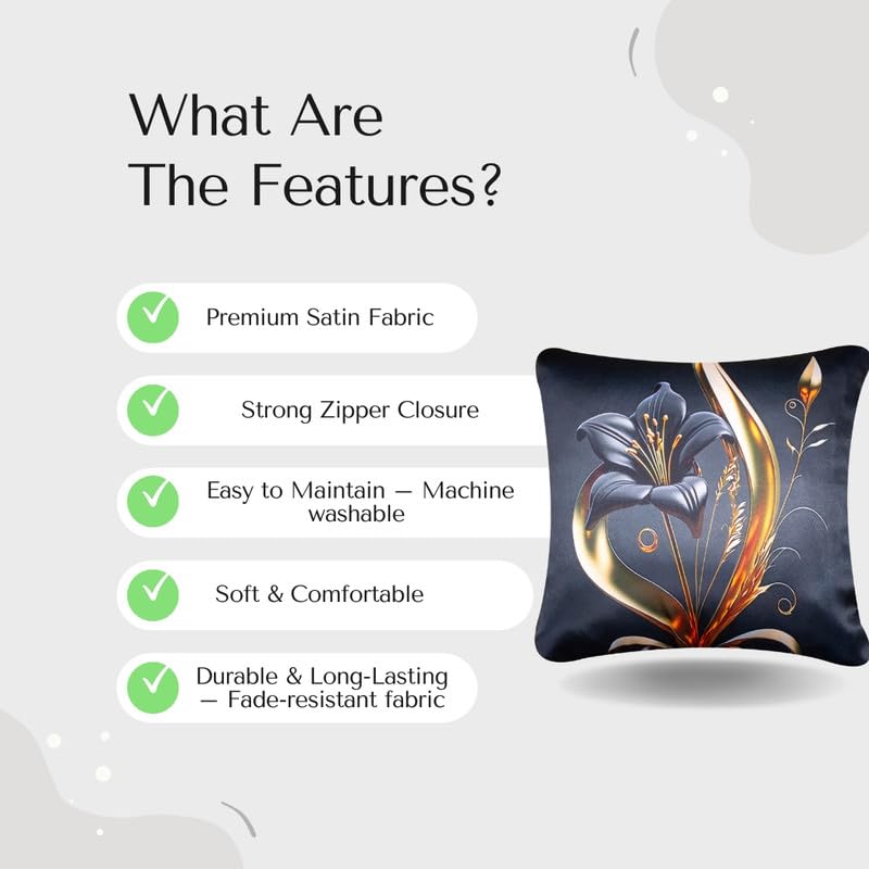Vendola 3D Decorative Satin Sofa Cushion Covers Set of 5, 16 inch x 16 inch, Sofa Cushion Pillow Cover, Black and Gold Colour, Floral Design, Zipper Closure (Twilight, 16X16 Inches) - Image 2