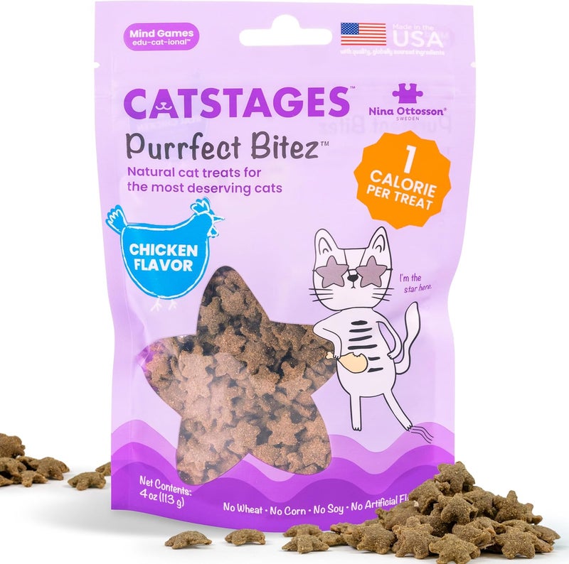 Catstages by Nina Ottosson Purrfect Bitez Natural Crunchy Cat Treats for Puzzles, Toys, Bait Boxes, Training - Made in USA - Authentic Chicken Flavor - 4 oz - Image 1