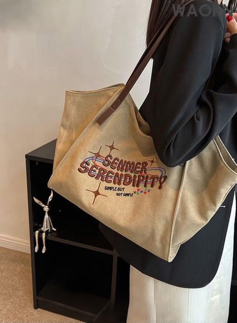 دبليو أيه أو كي أن حقيبة نسائية كبيرة السعة، حقيبة قماشية متعددة الاستخدامات، حقيبة كتف مناسبة للتنقلات اليومية، حقيبة يد للطلاب، تصميم كلاسيكي أنيق، بسيط وعصري، مناسبة للعمل والتسوق، للجنسين، لون كاكي. - Image 3