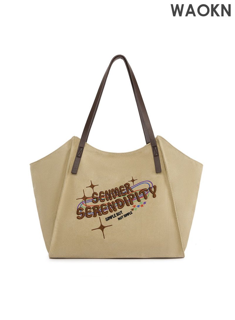 دبليو أيه أو كي أن حقيبة نسائية كبيرة السعة، حقيبة قماشية متعددة الاستخدامات، حقيبة كتف مناسبة للتنقلات اليومية، حقيبة يد للطلاب، تصميم كلاسيكي أنيق، بسيط وعصري، مناسبة للعمل والتسوق، للجنسين، لون كاكي. - Image 1