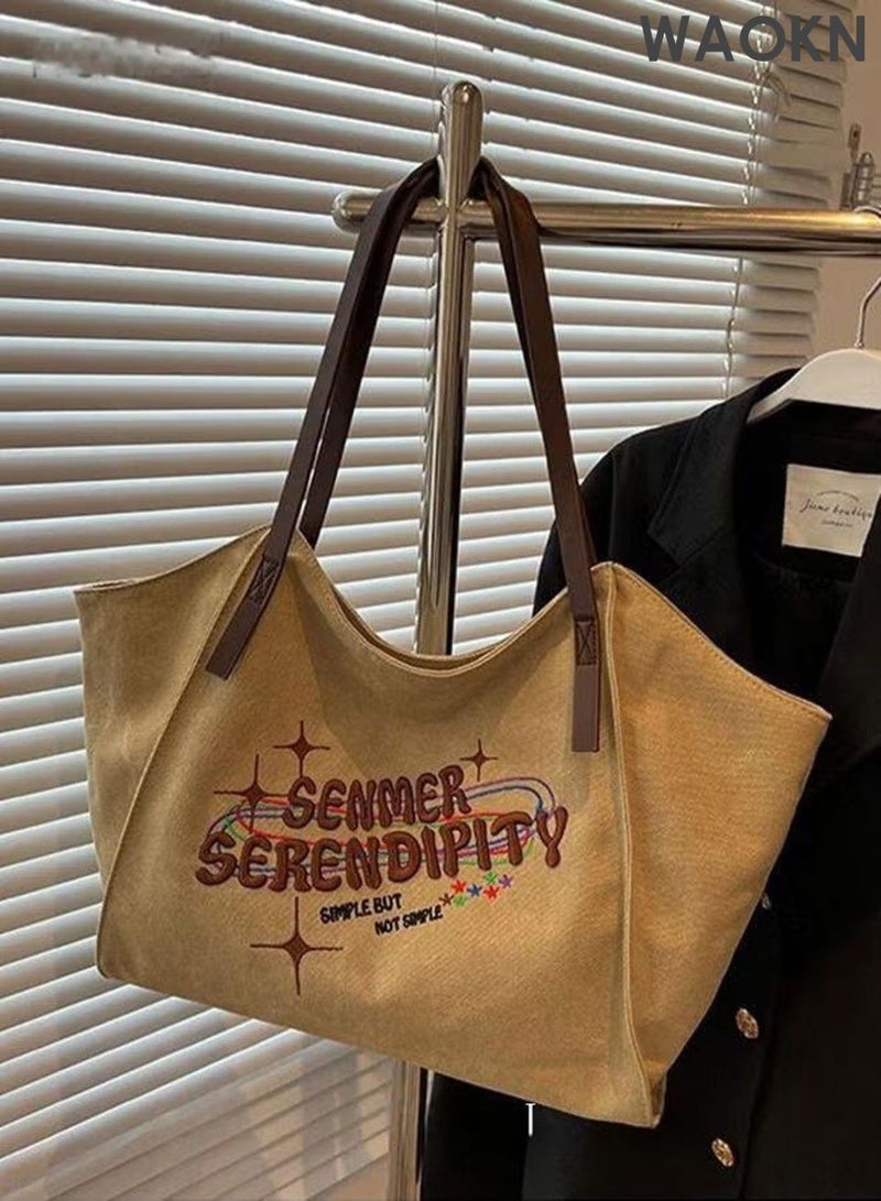 دبليو أيه أو كي أن حقيبة نسائية كبيرة السعة، حقيبة قماشية متعددة الاستخدامات، حقيبة كتف مناسبة للتنقلات اليومية، حقيبة يد للطلاب، تصميم كلاسيكي أنيق، بسيط وعصري، مناسبة للعمل والتسوق، للجنسين، لون كاكي. - Image 4