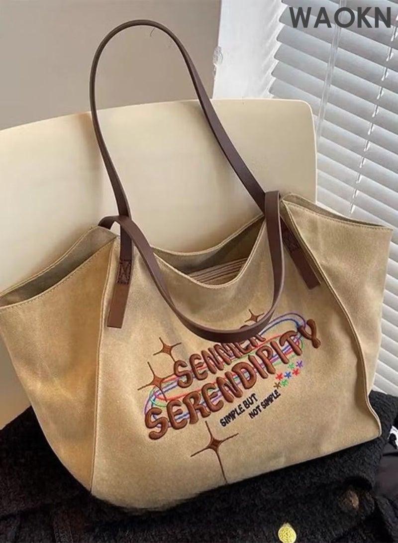دبليو أيه أو كي أن حقيبة نسائية كبيرة السعة، حقيبة قماشية متعددة الاستخدامات، حقيبة كتف مناسبة للتنقلات اليومية، حقيبة يد للطلاب، تصميم كلاسيكي أنيق، بسيط وعصري، مناسبة للعمل والتسوق، للجنسين، لون كاكي. - Image 2