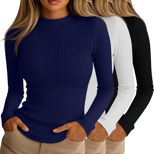 Riyiper 3 Pack Womens Ribbed Shirts Mock Turtleneck Long Sleeve Tops Slim Fitted Undershirts Casual Basic Layering TeesBlack White Navy BlueMedium - Image 1