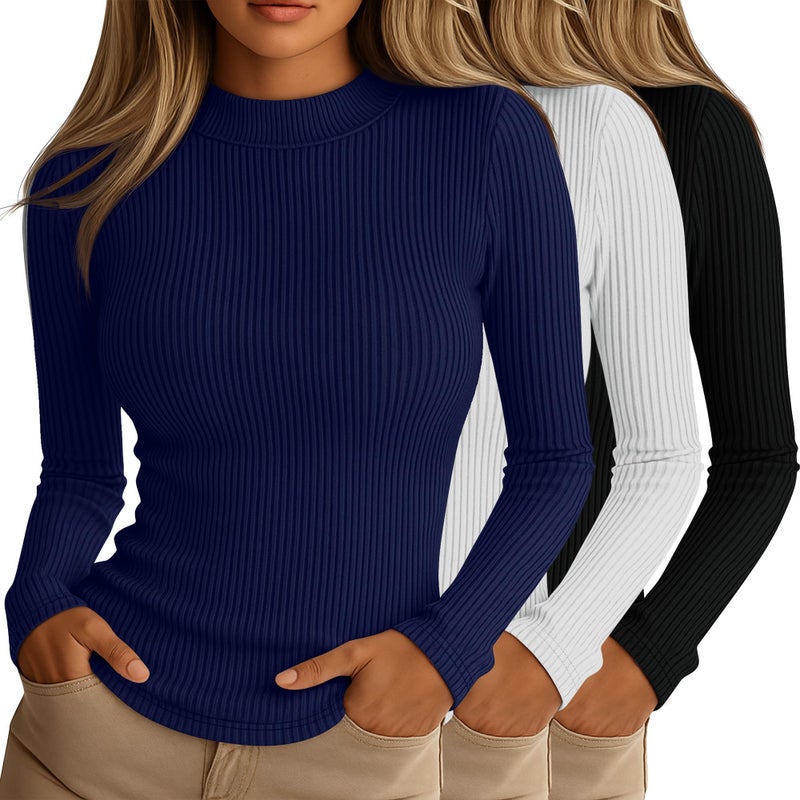 Riyiper 3 Pack Womens Ribbed Shirts Mock Turtleneck Long Sleeve Tops Slim Fitted Undershirts Casual Basic Layering TeesBlack White Navy BlueMedium - Image 2
