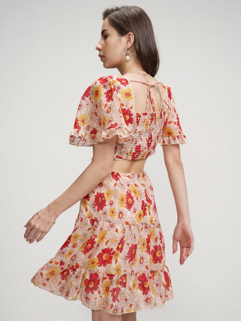 Tokyo Talkies V-Neck Floral Printed Smocked Cut Out Tiered Mini A-Line Dress - Image 4