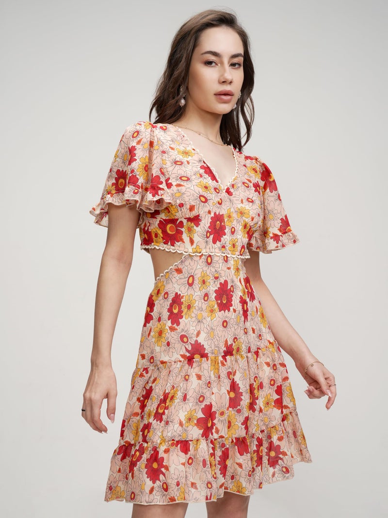Tokyo Talkies V-Neck Floral Printed Smocked Cut Out Tiered Mini A-Line Dress - Image 2