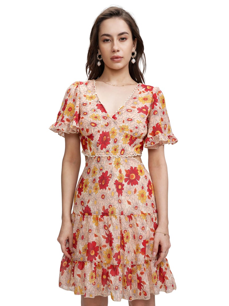 Tokyo Talkies V-Neck Floral Printed Smocked Cut Out Tiered Mini A-Line Dress - Image 1