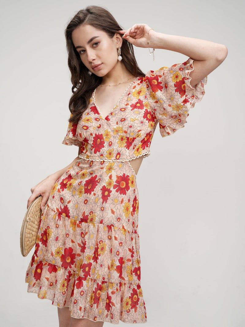 Tokyo Talkies V-Neck Floral Printed Smocked Cut Out Tiered Mini A-Line Dress - Image 3